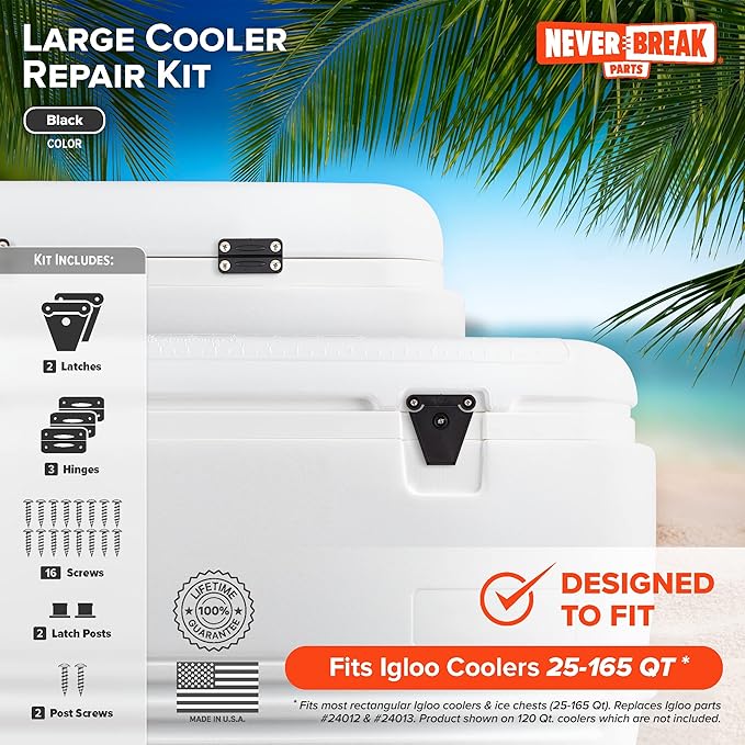 NeverBreak Parts - Igloo Cooler Replacement Parts - Large Repair Kit | High Strength Igloo Cooler Hinges Replacement with Latches | Ice Chest Repair Kit