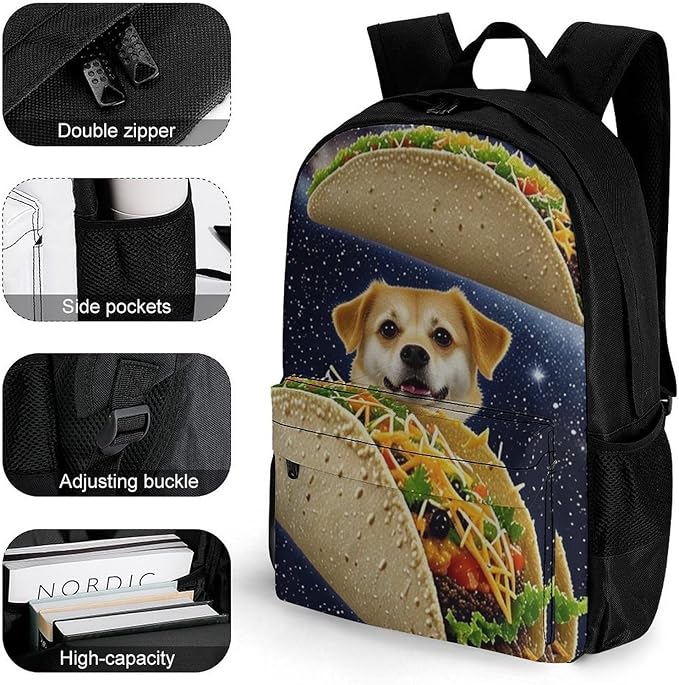 Supdreamc Men Women Lightweight Space Funny Corgi Dog Pizza Taco Casual Daypack Big Capacity Bookbag With Padded Straps for Gym Travel Walking Cycling
