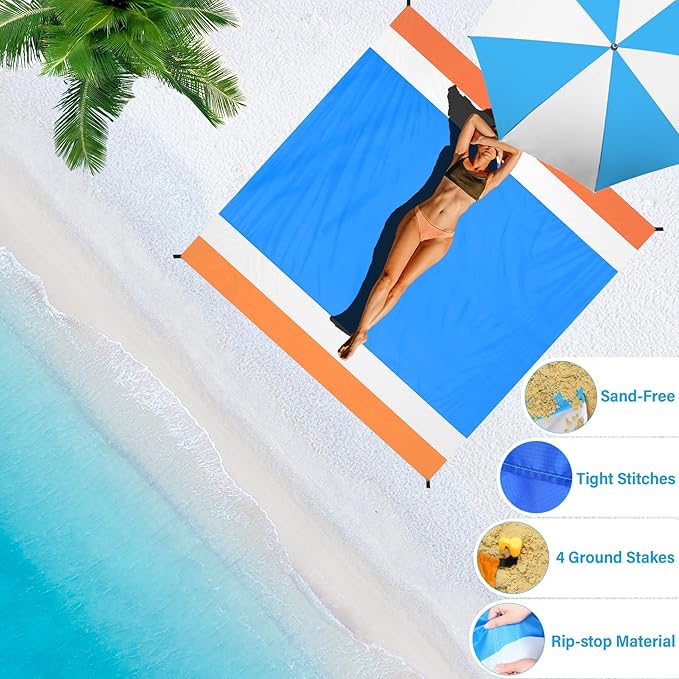 BYDOLL Beach Blanket Waterproof Sandproof Large 78''×81''/10'×9' Sand Free Oversized Sandless Picnic Mat Water Proof Packable Lightweight Blanket for Beach Camping Hiking Travel
