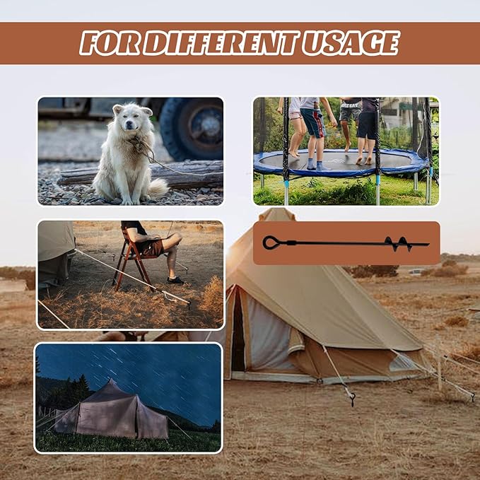 MIXXIDEA18 Inch Ground Anchors Screw in Folding Ring Spiral Metal Ground Stakes Dog Tie Out Stake Spiraling Anchor Trampoline Anchors for Tent (black-6pk)