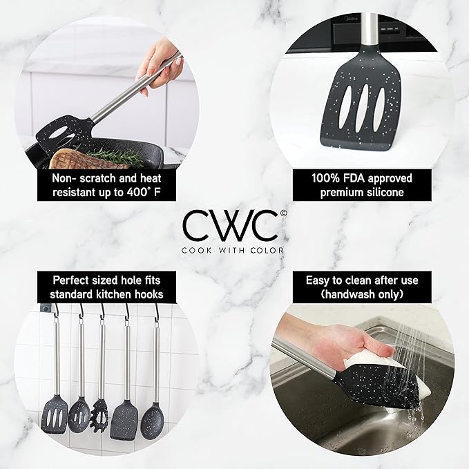 COOK WITH COLOR Silicone Cooking Utensils, Kitchen Utensil Set, Easy to Clean Silicone Kitchen Utensils, Cooking Utensils for Nonstick Cookware, Kitchen Gadgets Set, 5 Pieces, Speckled Black