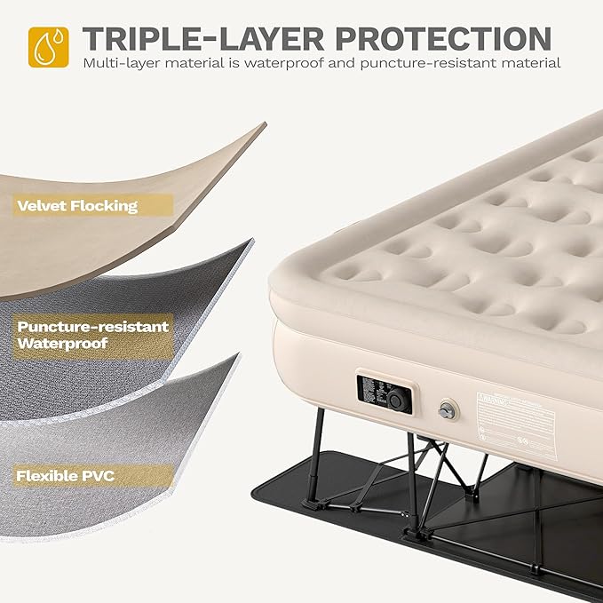 DWVO Inflatable Twin Air Bed with Folding Frame & Rolling Bag, Built-in Pump Blow Up Mattress for Camping, Guest Room & Travel, Portable Air Mattress with Case, 75 x 39 x 24 Inches, Brown
