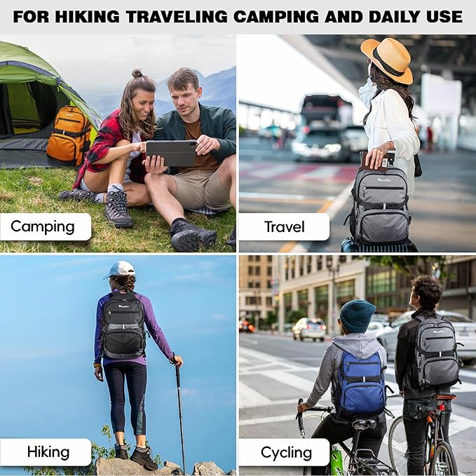 Seektop Lightweight Travel Backpack for Men Women, Multiple Pockets 40L Hiking Backpack Foldable Carry on Backpack for Outdoor Camping Sport Leisure (Black)