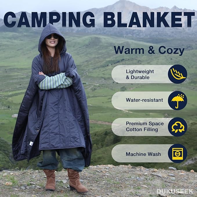 DUKUSEEK Outdoor Wearable Camping Blanket with Hood, Large Packable Backpacking Hooded Stadium Blankets, Lightweight Warm Quilt for Picnic, Hiking, Football, 79"X56"