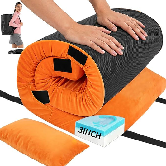 3 Inch Memory Foam Camping Mattress Pad, Dual Layer Thick Sleeping Camp Mat for Sleepover Car Tent, Portable Roll Up Mattress for Adults with Travel Bag