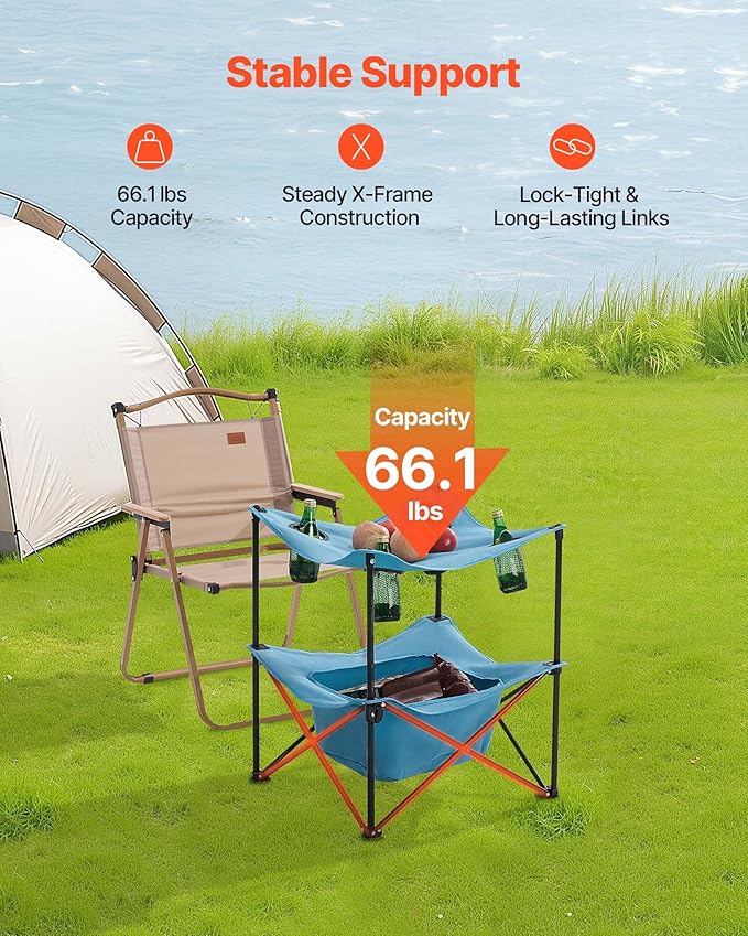 VEVOR Folding Camping Table, Portable Outdoor Lightweight Picnic Table, 600D Oxford Fabric Waterproof Canvas Travel Beach Tables, with 4 Cup Holders, Carry Bag, for Tailgating Camping Picnic, Blue