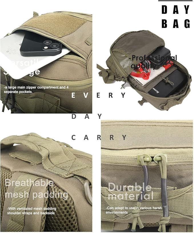 12L Small Backpack Day Pack - Mini Tactical Backpacks Military Daypack Molle Bag Rucksack Bug Out Bag for Hiking Camping Trekking (Green)