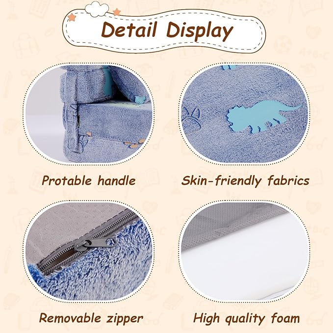 Folding Sofa Bed Floor Mattress for Kids with Pillow Toddler Glow in Dark Washable Mat for Sleeping, Child Fold Up Dinosaur Chair Bed with Storage Bag for Playroom, Camping, Girls Boys, Blue