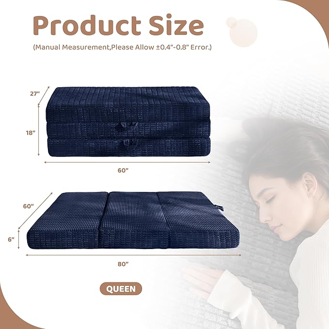 BYBYME Memory Foam Tri-Folding Mattress, 6 Inch Gel Folding Mattress Topper, Foldable Soft Guest Bed Camping Pad, with Washable Cover