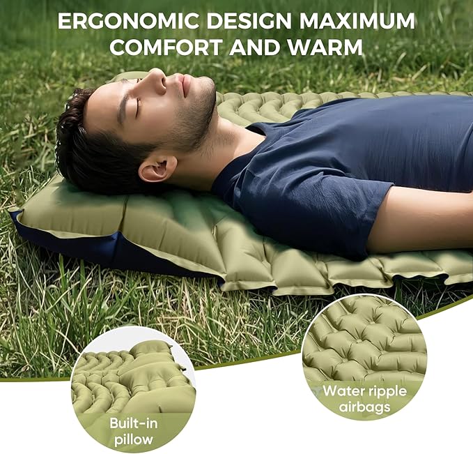 Double Camping Sleeping Pad, Ultra-Lightweight Inflatable Sleeping Mat with Built-in Pillow, Foot Pump, Compact and Portable, Ideal for Outdoor Camping Gear, Backpacking, Hiking(Duo)