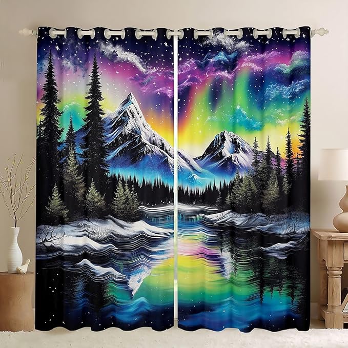 Manfei Northern Lights Window Drapes,Rainbow Starry Sky North Pole Dreamy Nursery Bedroom Playroom Decor,Snowmountain Pine Trees River Natural Girls Boys Room Decor,Blue Green 2 Panels,42Wx90L inch