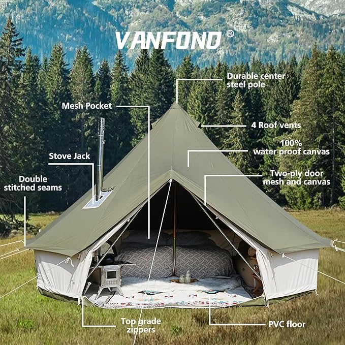 Canvas Bell Tent - 4 Season Glamping Tent with Stove Jack for Family Camping - Assorted Colors, Waterproof
