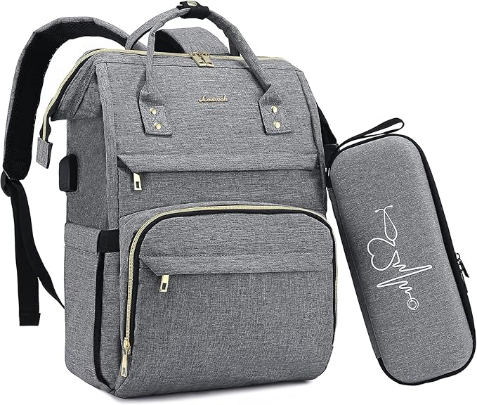 LOVEVOOK Nurse Backpack Laptop Backpack for Women with Stethoscope Case & USB Charging Port Anti Theft Travel Large Capacity Backpacks Doctor Bag Fits 17 Inch Laptop and Notebook,Grey