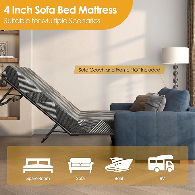 4 Inch Gel Memory Foam Sofa Mattress Queen Size, Mattress Replacement for Sleeper Sofa, Couch Bed, Guest Rooms, RVs & Boats, Grey
