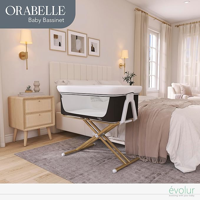 Evolur Orabelle Baby Bassinet & Bedside Sleeper, Breathable Mesh Sides, Plush Mattress Pad with Removable Cover, Tool-Free Assembly, Quick Foldable Steel Frame Compact Design with Travel Bag – Black