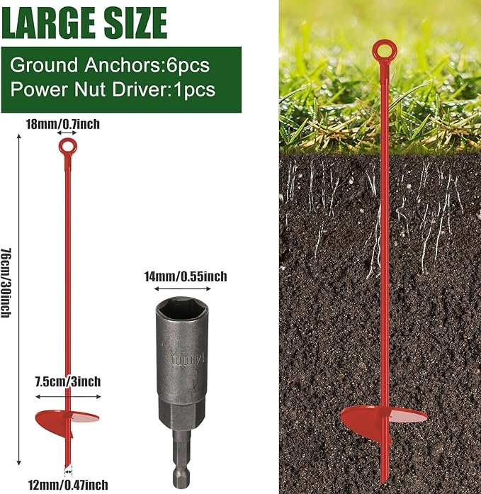 Gisafai 6 Pcs 30 Inch Long Ground Anchors Spiral Blade Earth Shed Anchor Kit Heavy Duty Tent Trampoline Hook 12 mm Thick Metal Swing Set Wind Stake for Mobile Home Canopies (Red)