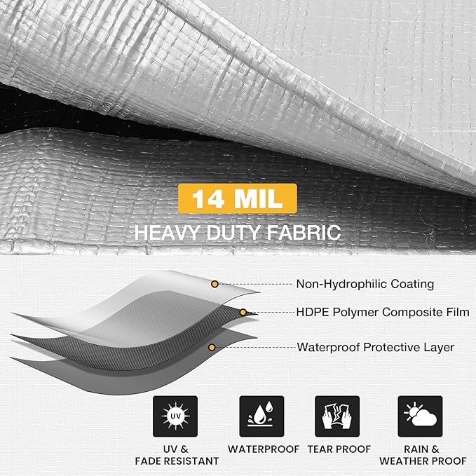 Tarp 10x20 Feet 14 Mil Heavy Duty Waterproof Tarp, Large Multipurpose Cover with Brass Grommets and Reinforced Edges, UV Resistant Thick Poly Tarps for Outdoor Camping Tent Pool Car