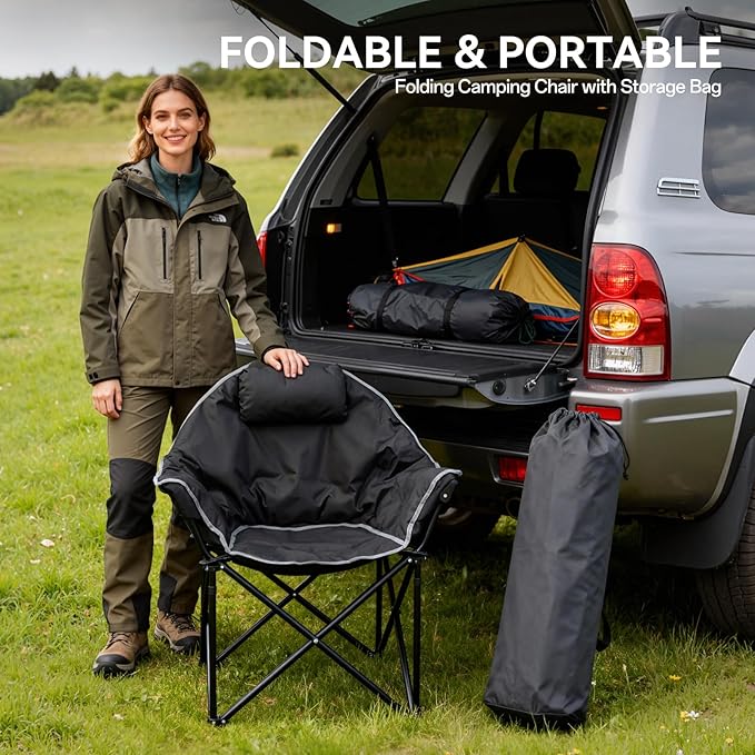 Oversized Heated Camping Chairs, Camp Chair for Adults with Back and Seat Heating, Portable Folding Chair with Pillow & Carry Bag for Outdoor Sports, Support 500lbs, Battery NOT Included