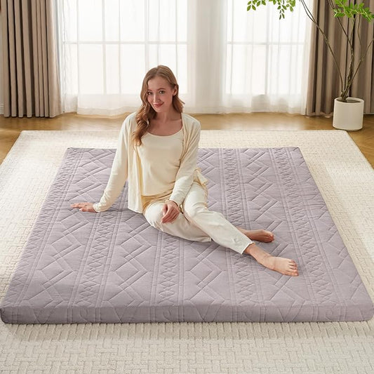 Japanese Floor Mattress Futon Mattress, 100% Cotton Washable Cover, Roll Up 2.5" Thick Tatami Mat, Portable & Foldable Floor Bed Mattress for Sleeping, Guest Room, Dormitory (Full, Grey)