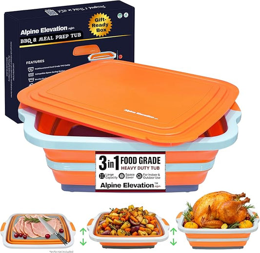 Collapsible X-Large (16L) BBQ Marinating Tub w/Cutting Board | Multipurpose Food-Grade TPE Prep Tub w/Lid | Built-In Colander & Drain Plug - For Camping | Tailgate | Picnic - Bold Orange