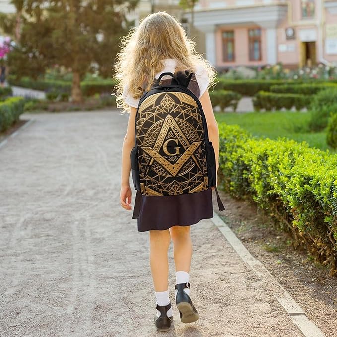 Rucksack Multipurpose Anti-Theft Big Capacity Shoulder Bag, Gold Freemason Freemasonry Masonic Art Travel Hiking Camping Rucksack With Side Pockets