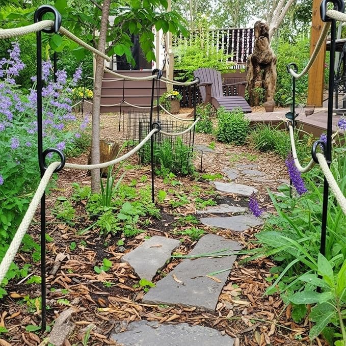6 Pcs 42'' Double Rope Poles/Stakes Black Steel Stakes with Loop Fence Poles for Creating a Rope Border Around Flower Beds, Trees, Garden, Walkways