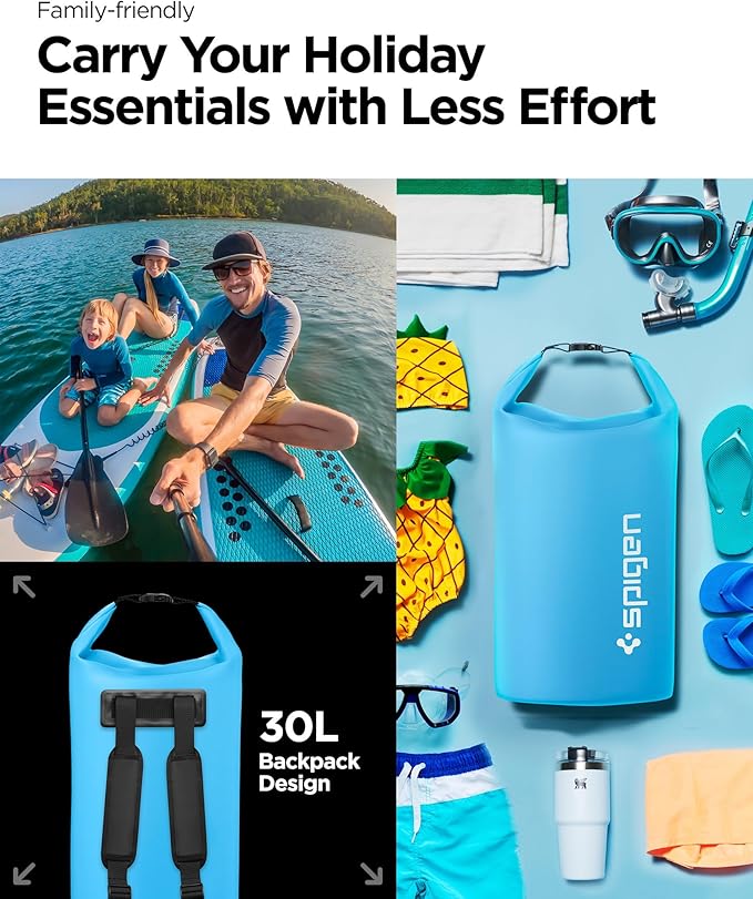 Spigen AquaShield Waterproof Dry Bag Backpack A631, 30L Roll Top Lightweight Dry Storage Bag for Travel, Swimming, Boating, Kayaking, Camping and Beach