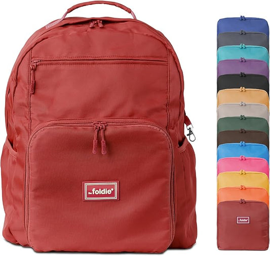 The Foldie Packable Backpack for Travel 32L - Lightweight Foldable Backpacks with Trolly Sleeve & RFID Protection - Water-repellent Casual Daypack Backpacks for Hiking, Camping & Gym - Red