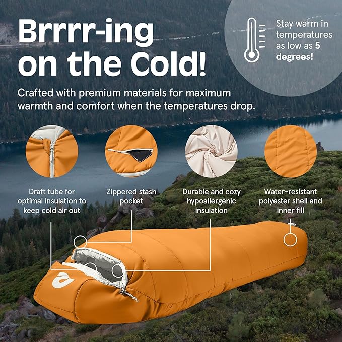 Retrospec Dream Mummy Sleeping Bag - 30°F Camping & Travel Essential Gear with Water - Resistant Shell & Synthetic Fill - Zippered Pocket & Stuff Sack