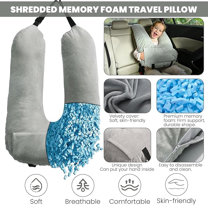 Travel Pillow Car Pillow for Kids, Car Sleeping Pillow for Adults and Kids Support Head and Neck on Road Trips Gray
