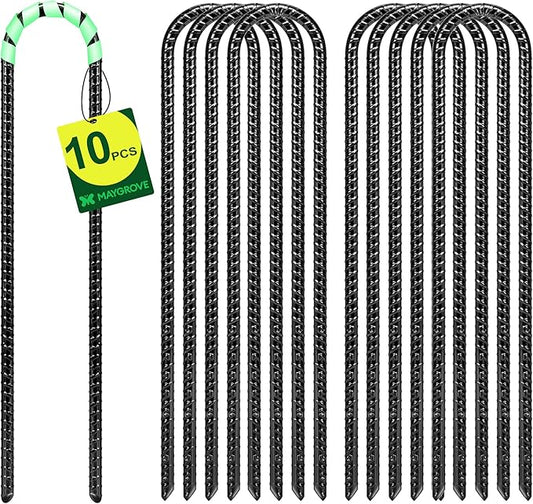 12 Inch Rebar Stakes Heavy Duty 10 Pack, U Shaped Ground Stakes, Galvanized Steel Trampoline Stakes, Tent Anchor Kit Anti-Rust, Drip Hose Wind Stakes, Black