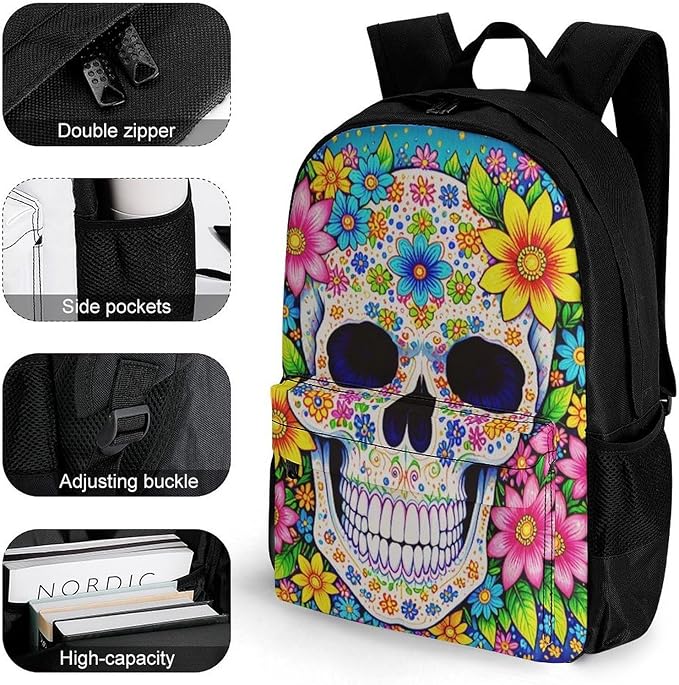 Supdreamc Rucksack Multipurpose Anti-Theft Big Capacity Shoulder Bag, Sugar Skull Colorful Day Of The Dead Art Travel Hiking Camping Rucksack With Side Pockets