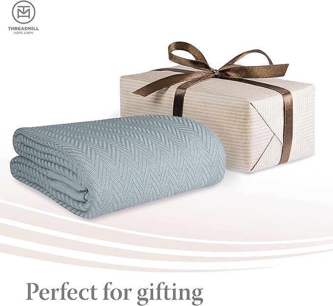 Threadmill Luxury Cotton Blankets Queen Size | All-Season 100% Cotton Blanket for Queen/Full Size Bed | Herringbone Soft Breathable | Sage Green