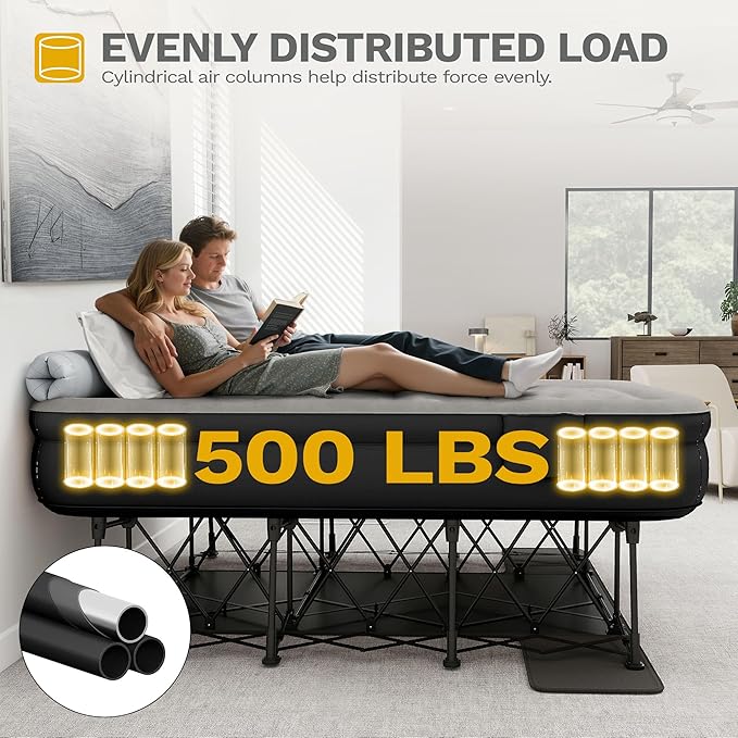 DWVO Inflatable Queen Air Bed with Folding Frame & Rolling Bag, Built-in Pump Blow Up Mattress for Camping, Guest Room & Travel, Portable Air Mattress with Case, 79 x 59 x 28 Inches, Black