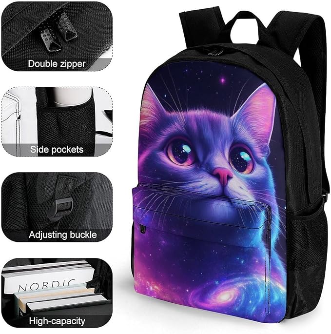 Supdreamc Lightweight Rucksacks for Climbing Outdoors Walking Cycling, Large Capacity Anti-Theft Multipurpose Carry On Bag, Funny Purple Galaxy Cat Camping Outdoor Backpack