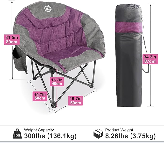 Northroad Folding Compact Camping Moon Chair, Outdoor Padded Saucer Round Chair w/Cup Holder Supports up to 300 lbs for Beach Hiking Fishing Picnic Lawn,Purple&Grey