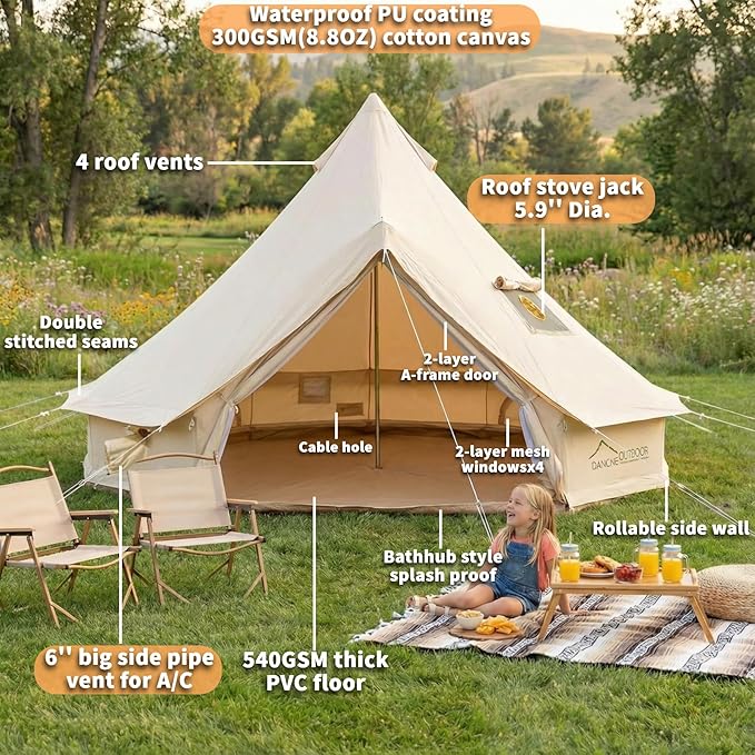 DANCHEL OUTDOOR 4 Season Canvas Bell Tent with Waterproof Rain Fly Tarp with Stove Jack for 6 Person Camping Glamping, 5m/16.4ft