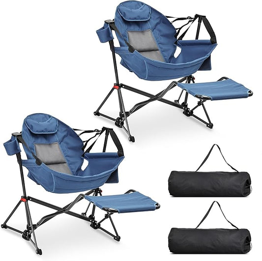 Ainfox Hammock Camping Chair with Footrest, Heavy Duty Foldable Portable Rocking Hammock Chairs Outside Swinging Camp with Cup Holder Pillow for Outdoor Patio Poolside Dark Blue 2 Pack