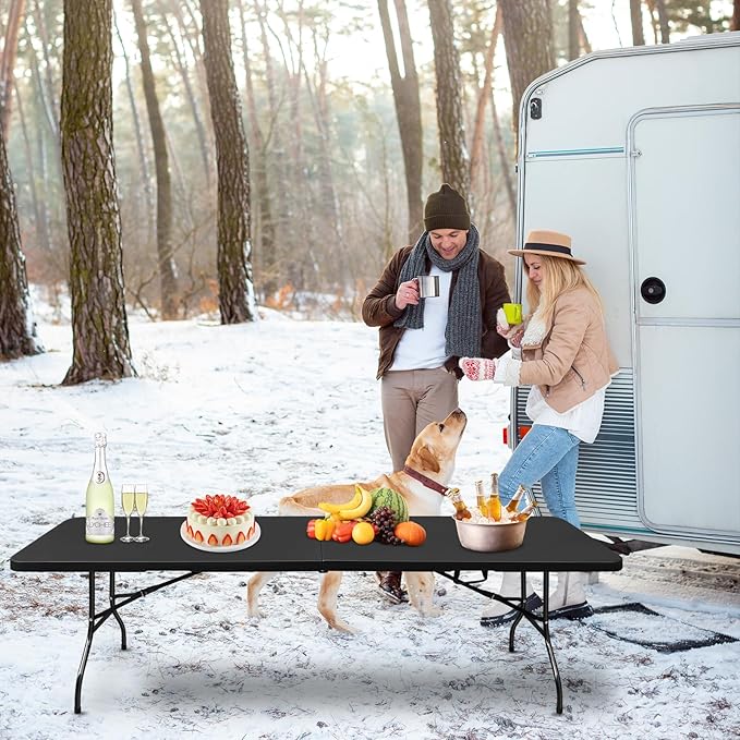 Portable Plastic Folding Table 4ft/6ft/8ft Heavy Duty White Black Picnic Dining Table Fold-in-Half for Camp Party Kitchen Indoor Outdoor