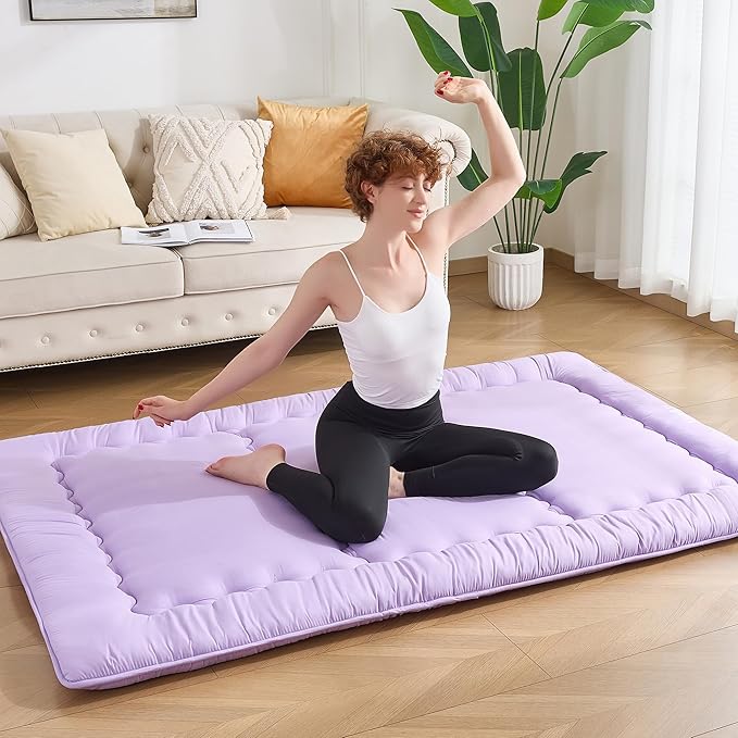 Japanese Floor Futon Mattress Full Size, 4" Thicken Foldable Mattress Tatami Mat Sleeping Pad, 25D Foam Filled Traditional Shiki Futon (shikibuton), Designed in Japan (Purple 54"x 80")