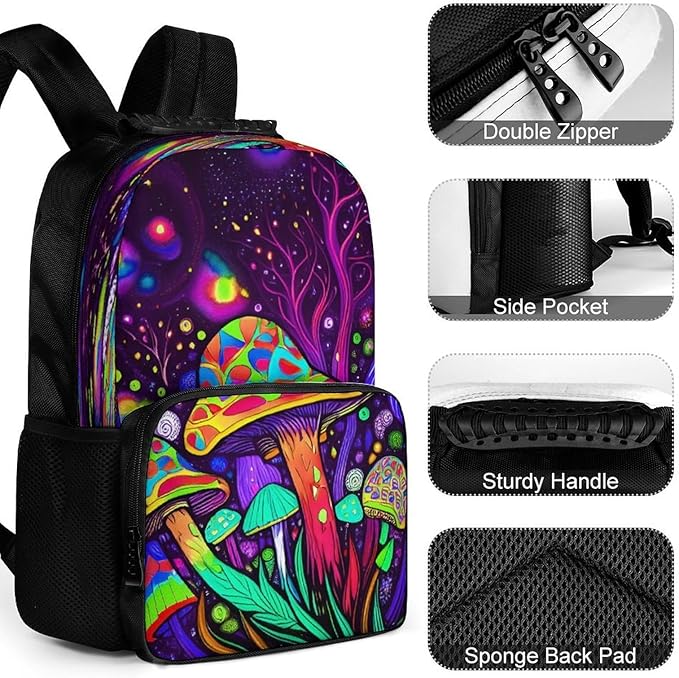 Polyester Daypack Backpack for Sports Travel Running, Big Capacity Anti-Theft Multipurpose Carry On Bag, Psychedelic Magic Mushrooms Trippy Art Laptop Book Bag Rucksack