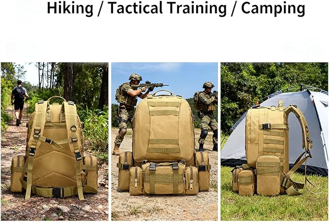60L Tactical Backpack Military 3-Day Assault Pack, Waterproof Molle System Rucksack with Detachable Bag, Survival Bug Out Backpack for Men & Women(Brown)
