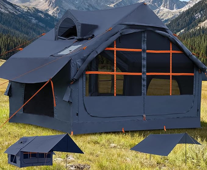 Inflatable Tents for Camping with Stove Jack, 2/4/6/8 Person Easy Setup Blow Up Tents for 4 Seasons Waterproof Inflatable Camping Tent with Awning, Air House Glamping Tents for Camping Adult