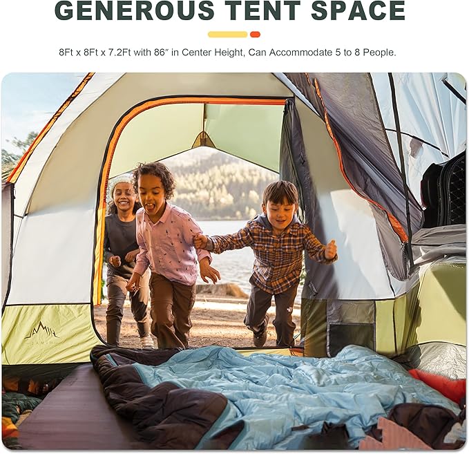 SUV Tent for Camping, Waterproof PU3000mm Spacious Double Layer Design for 5-8 Person, Includes Rainfly and Storage Bag, 8FT L x 8FT W x 7.2FT H Green