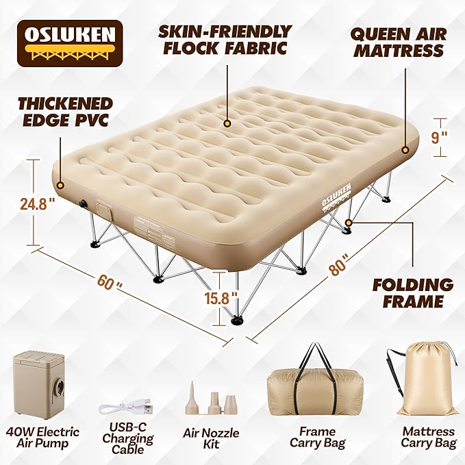 Queen Air Mattress with SUS Frame & Built in Pump, 25" Raised Self Inflating Blow Up Airbed, 500 LBS Capacity Portable Inflatable Bed on Stand for Guest, Travel, Vacation, Camping, 80" x 60"