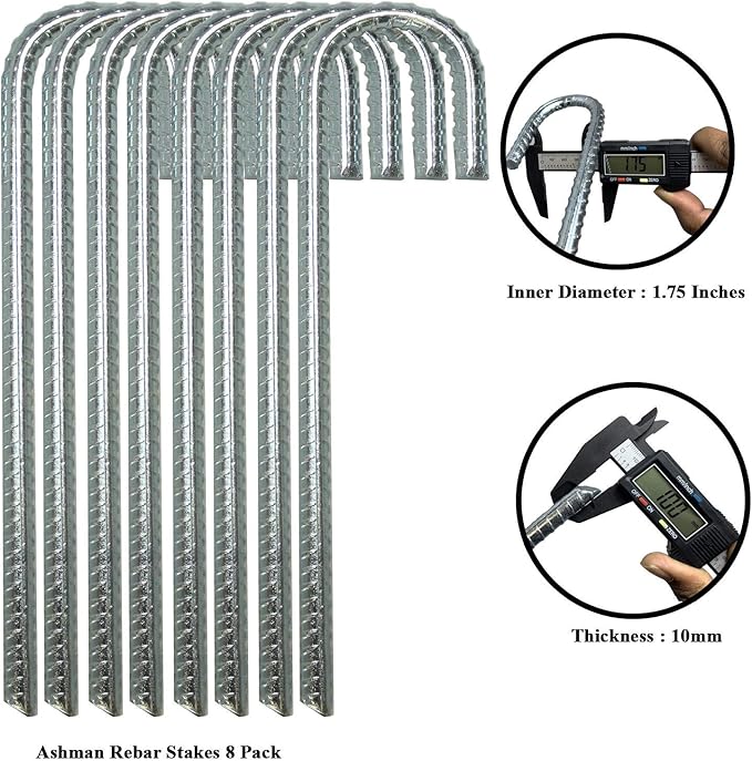 Ashman Rebar Stake Anchor 12 Inches Long (8 Pack), Ideal for Securing Animals, Tents, Canopies, Sheds, Car Ports, Swing Sets. Rust-Resistant and Made of Solid Premium Galvanized/zinc-Coated Metal.
