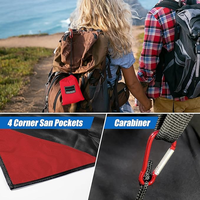 Odoland Pocket Blanket Picnic Blanket, 71" x 63" SandProof Waterproof Outdoor Beach Blanket with Portable Bag, Foldable Lightweight Sand Free Quick Drying Beach Mat for Hiking Camping Travel, Black