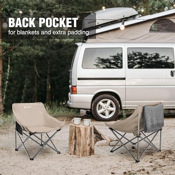 VILLEY Camping Chair Beach Folding Chair, Outdoor Lawn Portable Lightweight Chair, Foldable Chair with Carry Bag, for Outside Hiking, Fishing, Travel, Beach and Sports, Beige