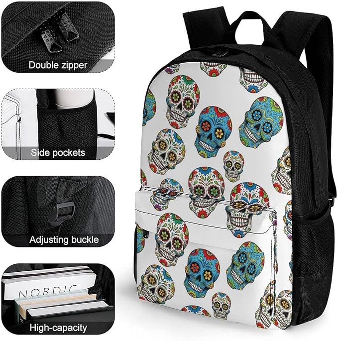 Supdreamc Polyester Daypack for Hiking Work Running, Big Capacity Anti-Theft Multipurpose Shoulder Bag, Mexico Sugar Skull Travel and Sport Backpack Rucksack