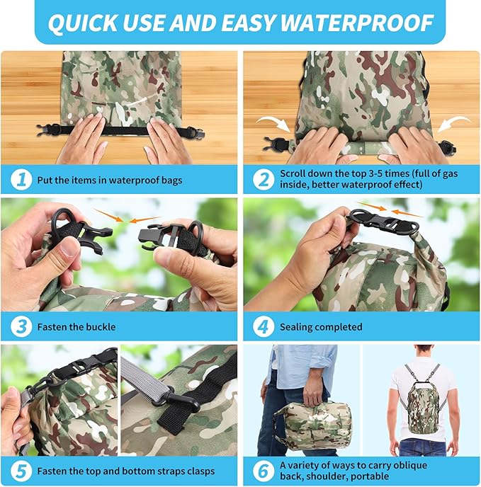 Dry Bags Waterproof Dry Sacks Camouflage Small Lightweight Dry Bag with Strap for Paddle Board Kayaking Fishing Camping Hiking (10L)